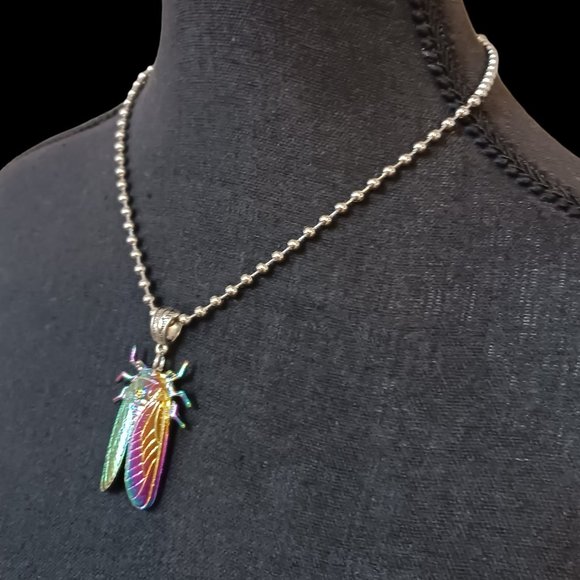 Handcrafted Rainbow Cicada Charm Necklace – Unisex 18" Ball Chain - Picture 2 of 10